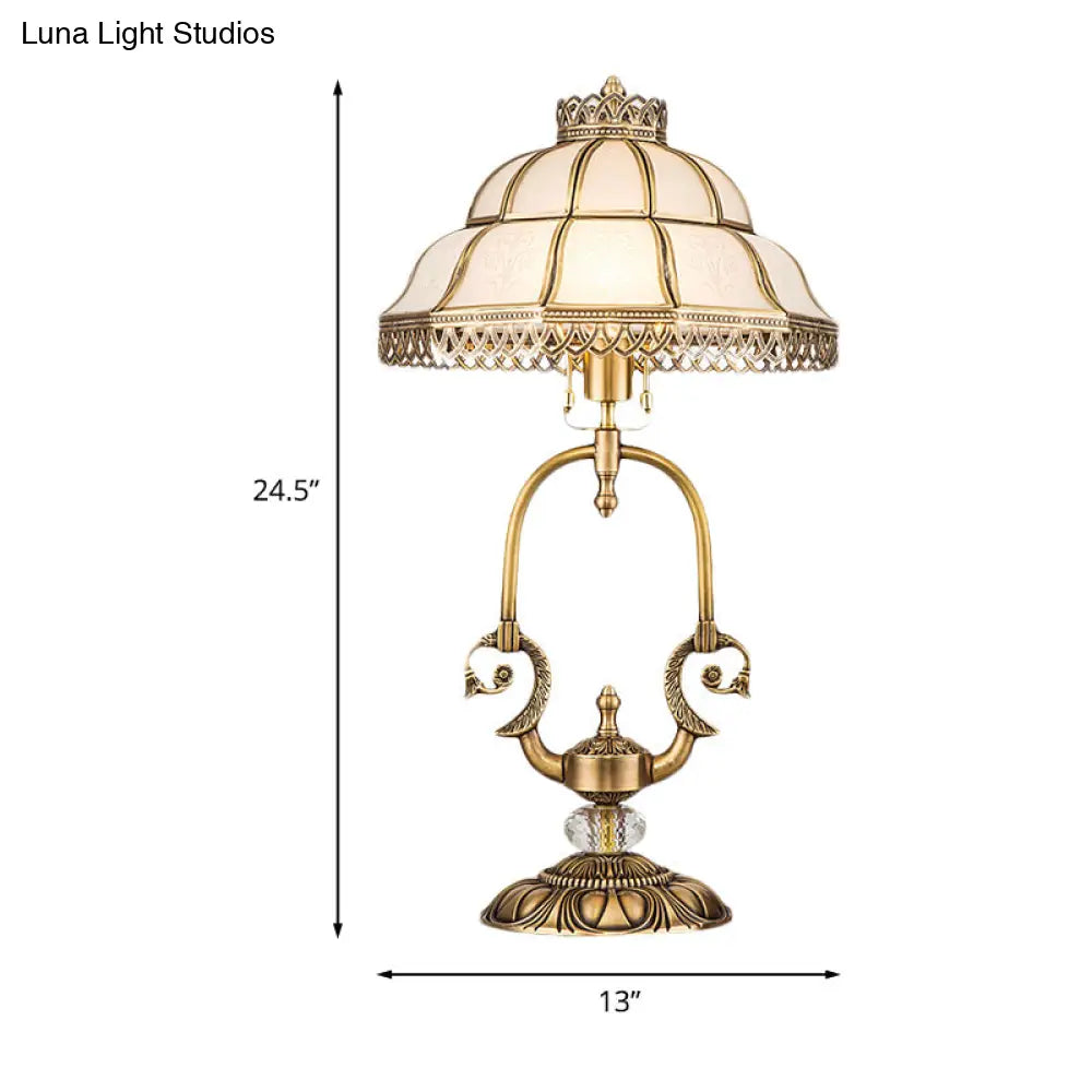 Traditional Gold 1/2-Light Dome Nightstand Lamp With White Glass And Peacock/Elliptical Frame Design