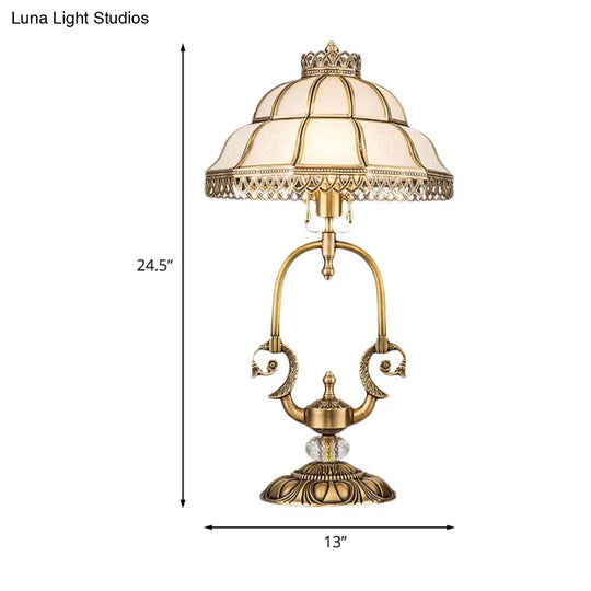 Traditional Gold 1/2-Light Dome Nightstand Lamp With White Glass And Peacock/Elliptical Frame Design