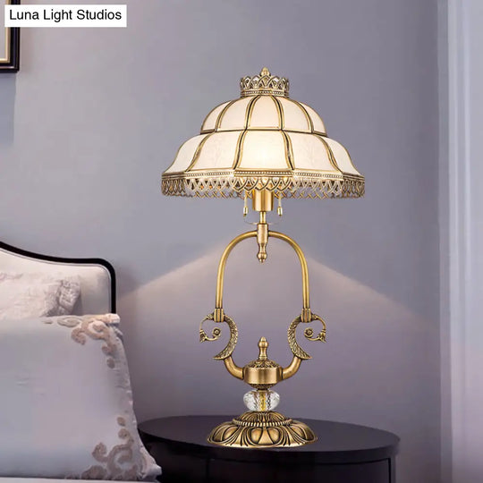 Traditional Gold 1/2-Light Dome Nightstand Lamp With White Glass And Peacock/Elliptical Frame Design