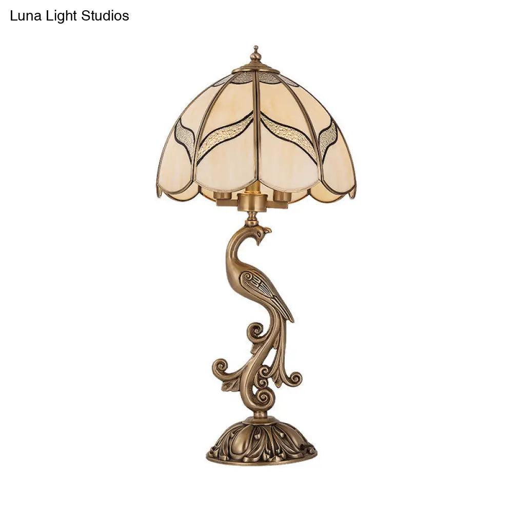 Traditional Gold 1/2-Light Dome Nightstand Lamp With White Glass And Peacock/Elliptical Frame Design