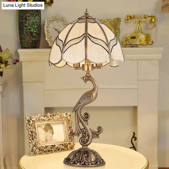 Traditional Gold 1/2-Light Dome Nightstand Lamp With White Glass And Peacock/Elliptical Frame Design