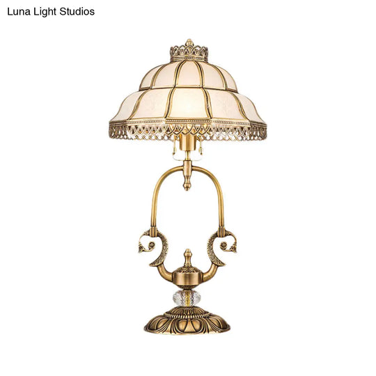 Traditional Gold 1/2-Light Dome Nightstand Lamp With White Glass And Peacock/Elliptical Frame Design