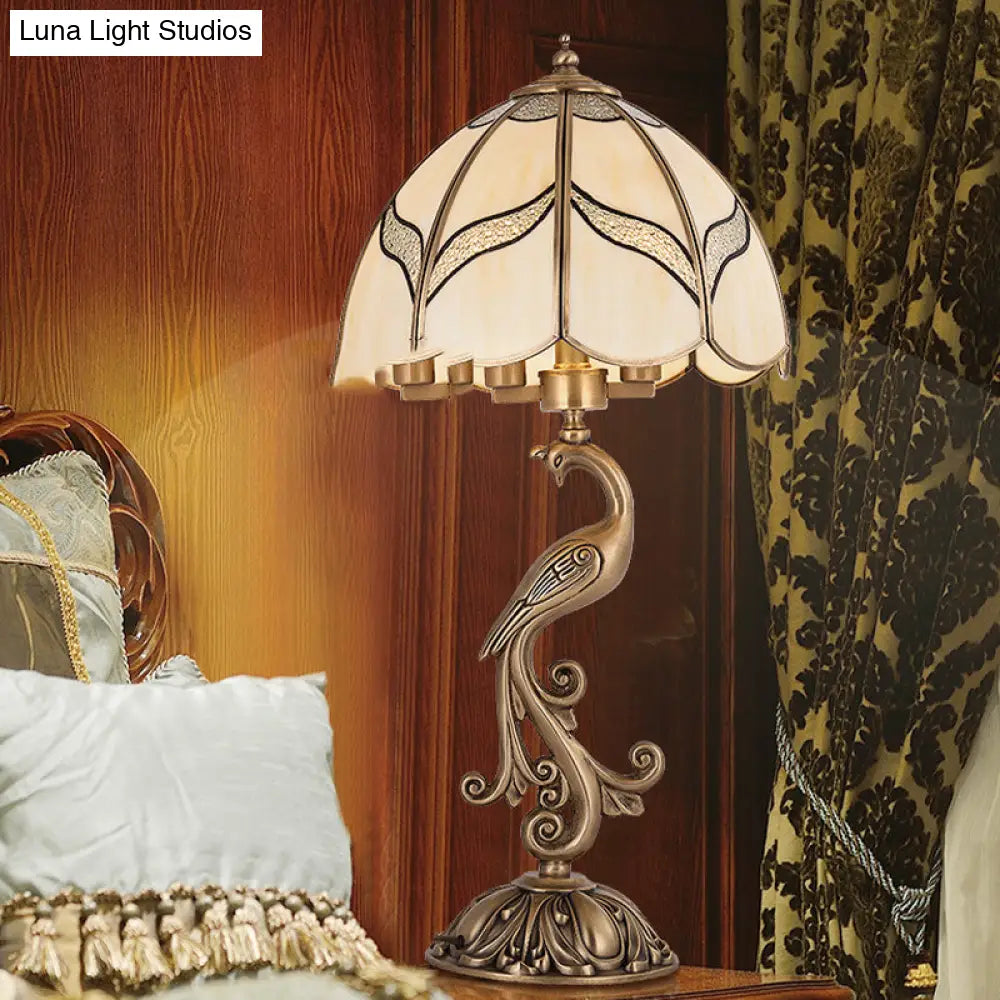 Traditional Gold 1/2-Light Dome Nightstand Lamp With White Glass And Peacock/Elliptical Frame Design