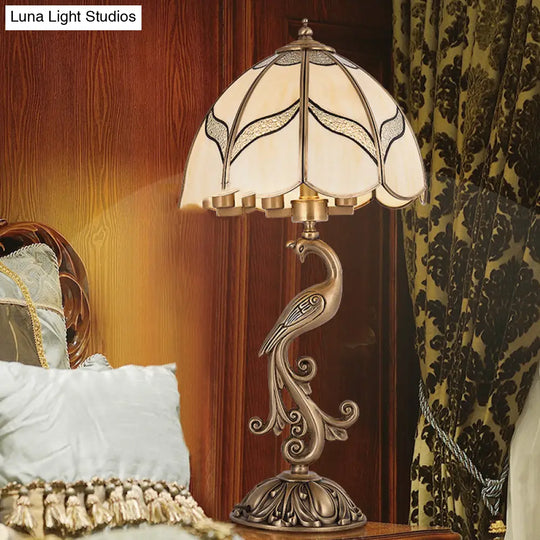 Traditional Gold 1/2-Light Dome Nightstand Lamp With White Glass And Peacock/Elliptical Frame Design