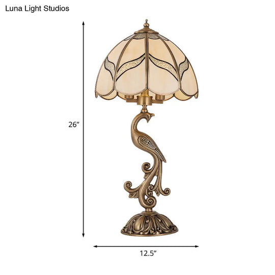 Traditional Gold 1/2-Light Dome Nightstand Lamp With White Glass And Peacock/Elliptical Frame Design