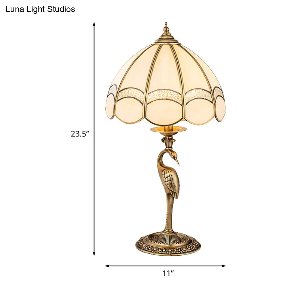 Traditional Gold 1/2-Light Dome Nightstand Lamp With White Glass And Peacock/Elliptical Frame Design