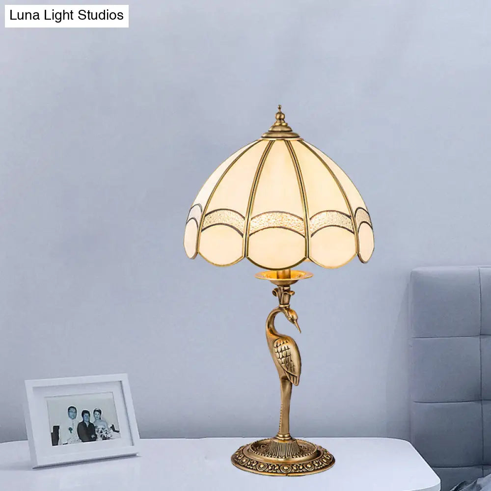 Traditional Gold 1/2-Light Dome Nightstand Lamp With White Glass And Peacock/Elliptical Frame Design