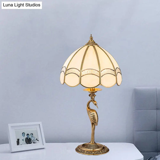 Traditional Gold 1/2-Light Dome Nightstand Lamp With White Glass And Peacock/Elliptical Frame Design