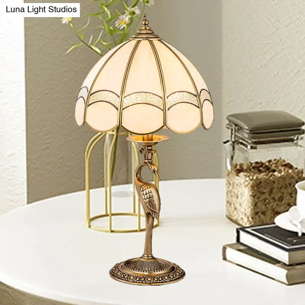 Traditional Gold 1/2-Light Dome Nightstand Lamp With White Glass And Peacock/Elliptical Frame Design