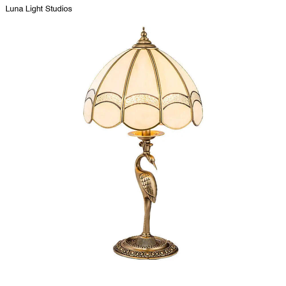 Traditional Gold 1/2-Light Dome Nightstand Lamp With White Glass And Peacock/Elliptical Frame Design