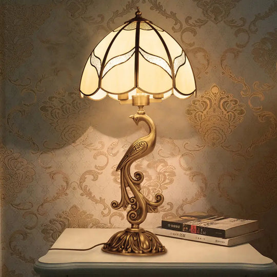 Traditional Gold 1/2-Light Dome Nightstand Lamp With White Glass And Peacock/Elliptical Frame Design