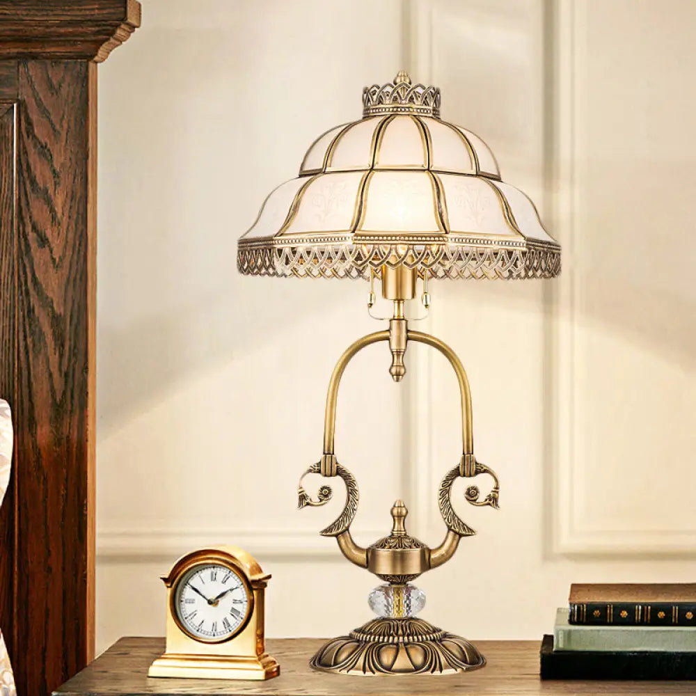 Traditional Gold 1/2-Light Dome Nightstand Lamp With White Glass And Peacock/Elliptical Frame Design