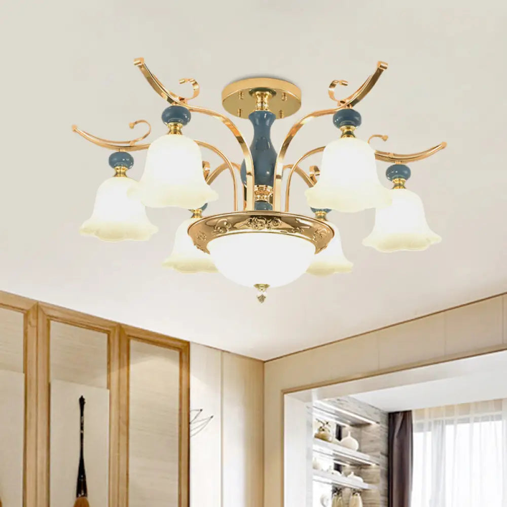 Traditional Gold 6-Bulb Semi Flush Mount Chandelier With Opal White Glass Shade