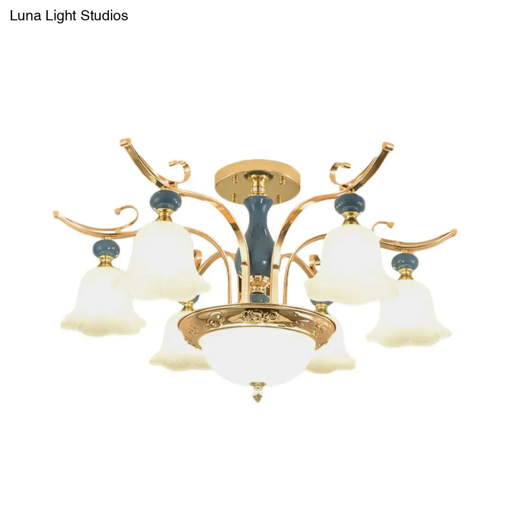 Traditional Gold 6-Bulb Semi Flush Mount Chandelier With Opal White Glass Shade