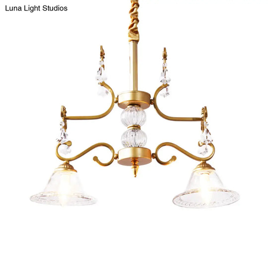 Traditional Gold Bell Hanging Chandelier With Clear Crystal Glass - 2 Lights For Dining Room Ceiling