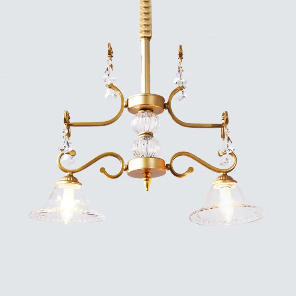 Traditional Gold Bell Hanging Chandelier With Clear Crystal Glass - 2 Lights For Dining Room Ceiling