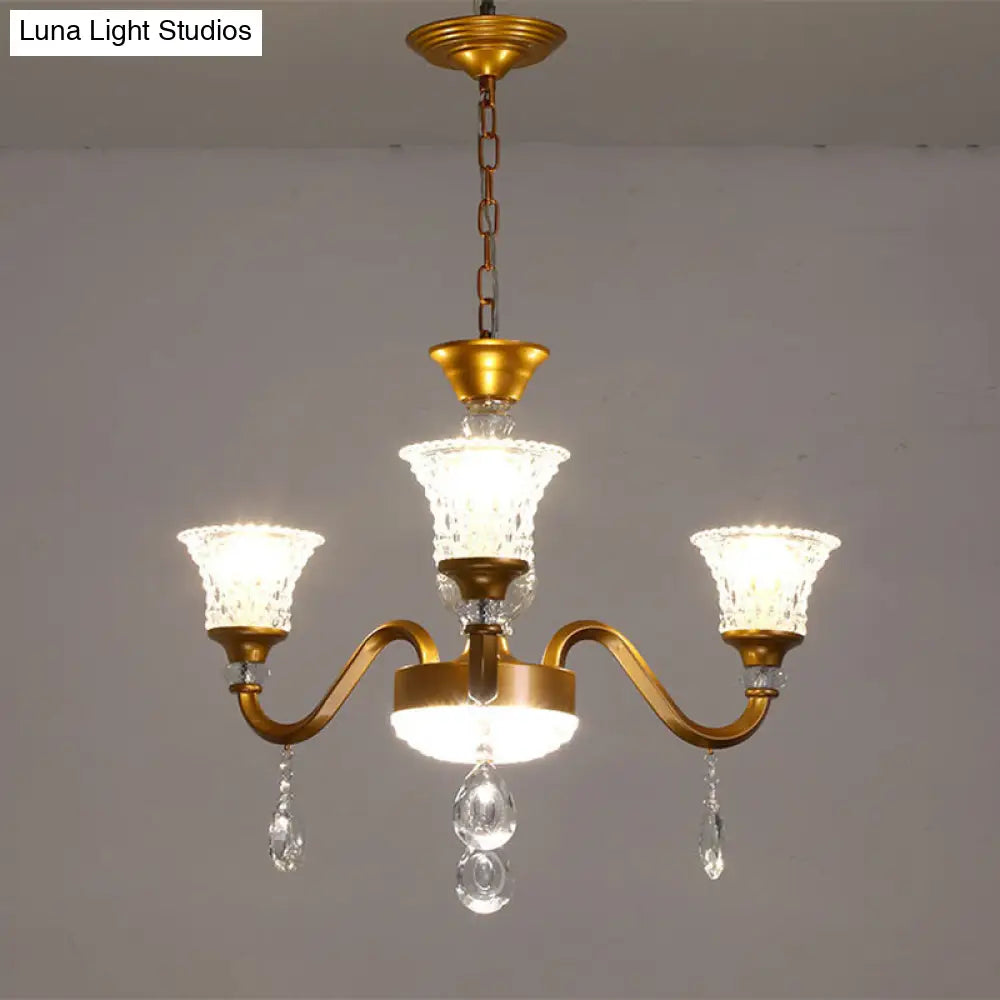 Gold Bell Shaped Chandelier With Clear Crystal Glass Pendant For Parlor - Available In 3 6 Or 8