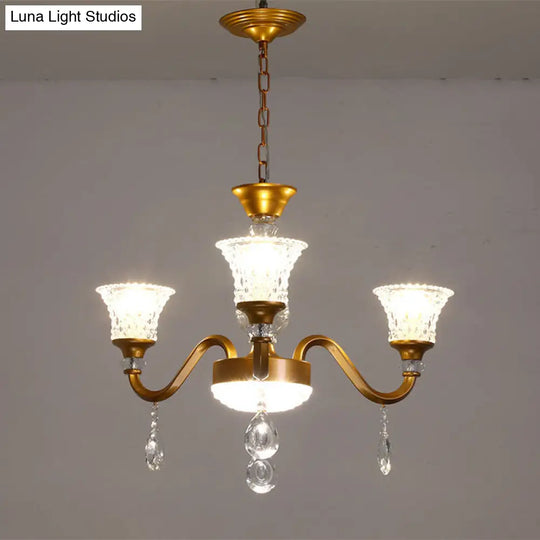 Gold Bell Shaped Chandelier With Clear Crystal Glass Pendant For Parlor - Available In 3 6 Or 8