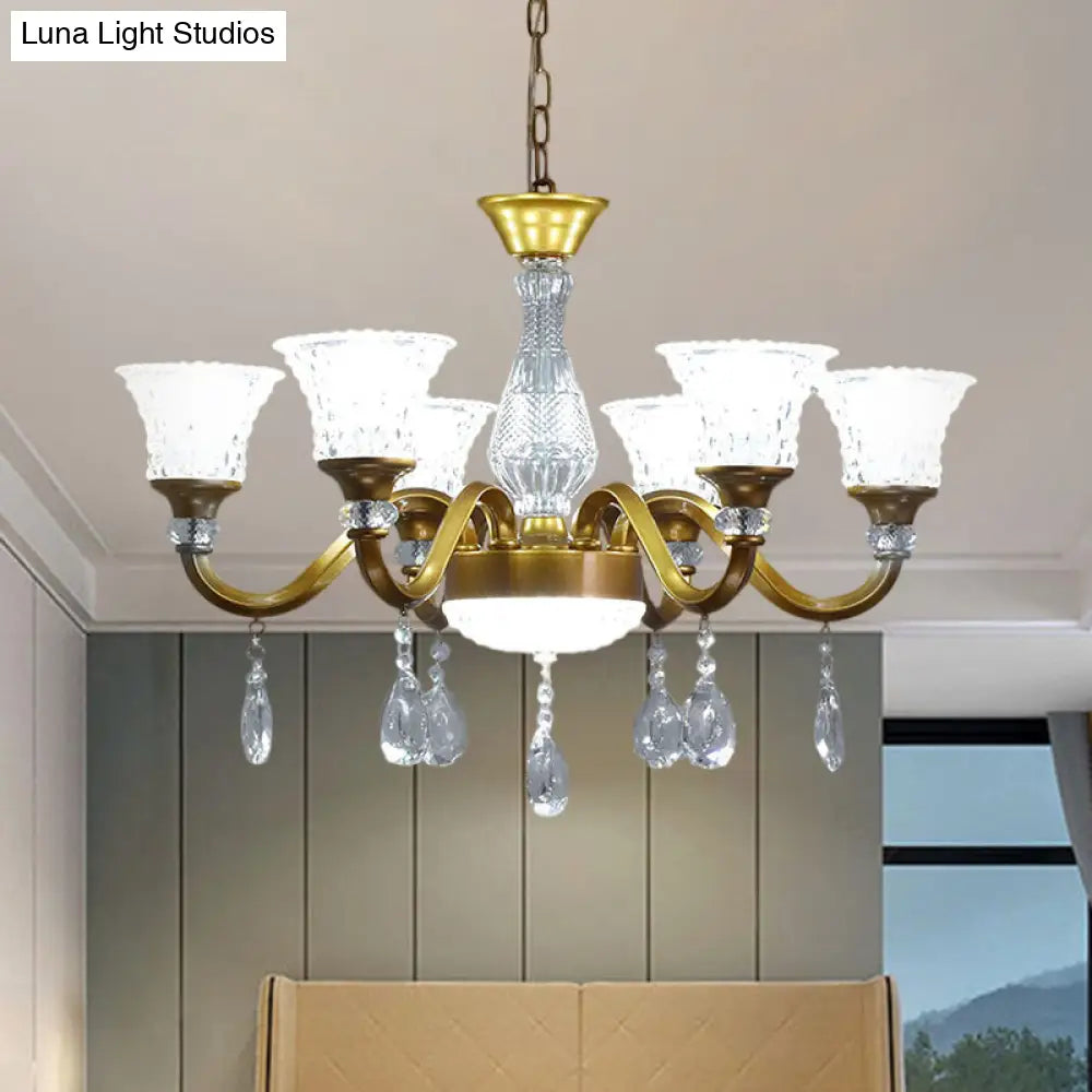 Gold Bell Shaped Chandelier With Clear Crystal Glass Pendant For Parlor - Available In 3 6 Or 8