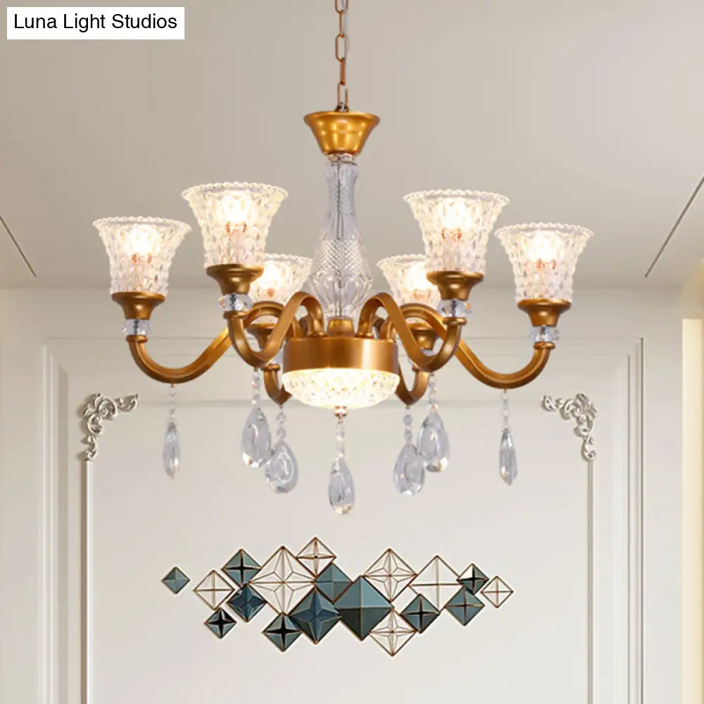 Gold Bell Shaped Chandelier With Clear Crystal Glass Pendant For Parlor - Available In 3 6 Or 8