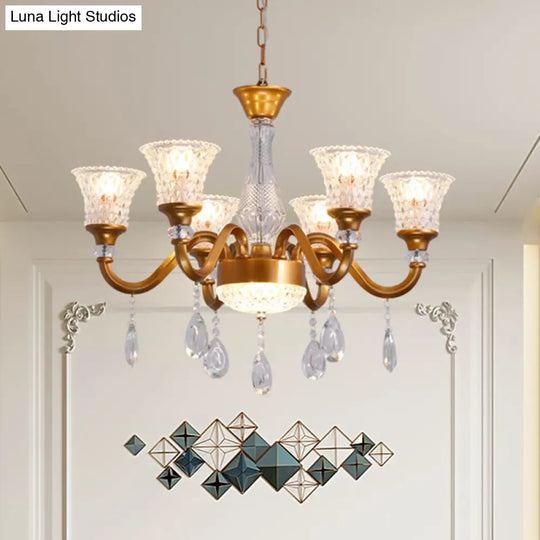 Gold Bell Shaped Chandelier With Clear Crystal Glass Pendant For Parlor - Available In 3 6 Or 8