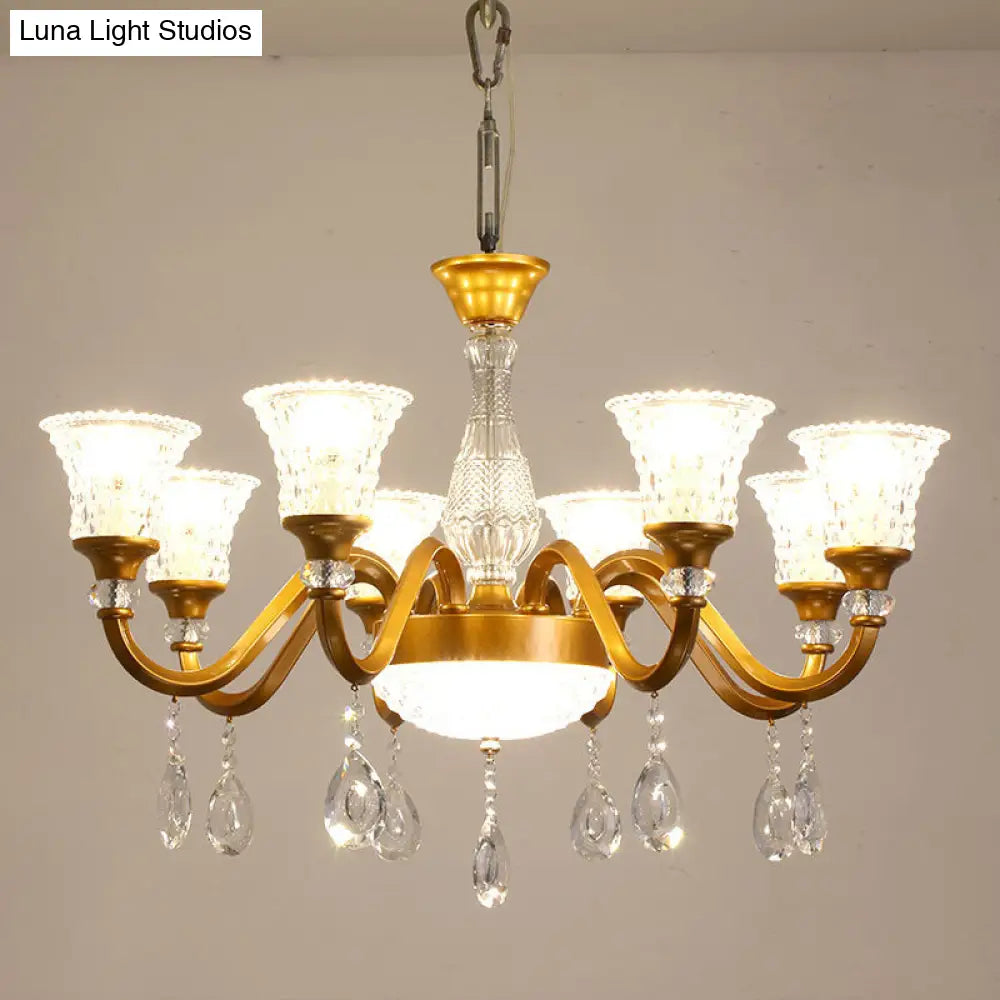 Gold Bell Shaped Chandelier With Clear Crystal Glass Pendant For Parlor - Available In 3 6 Or 8