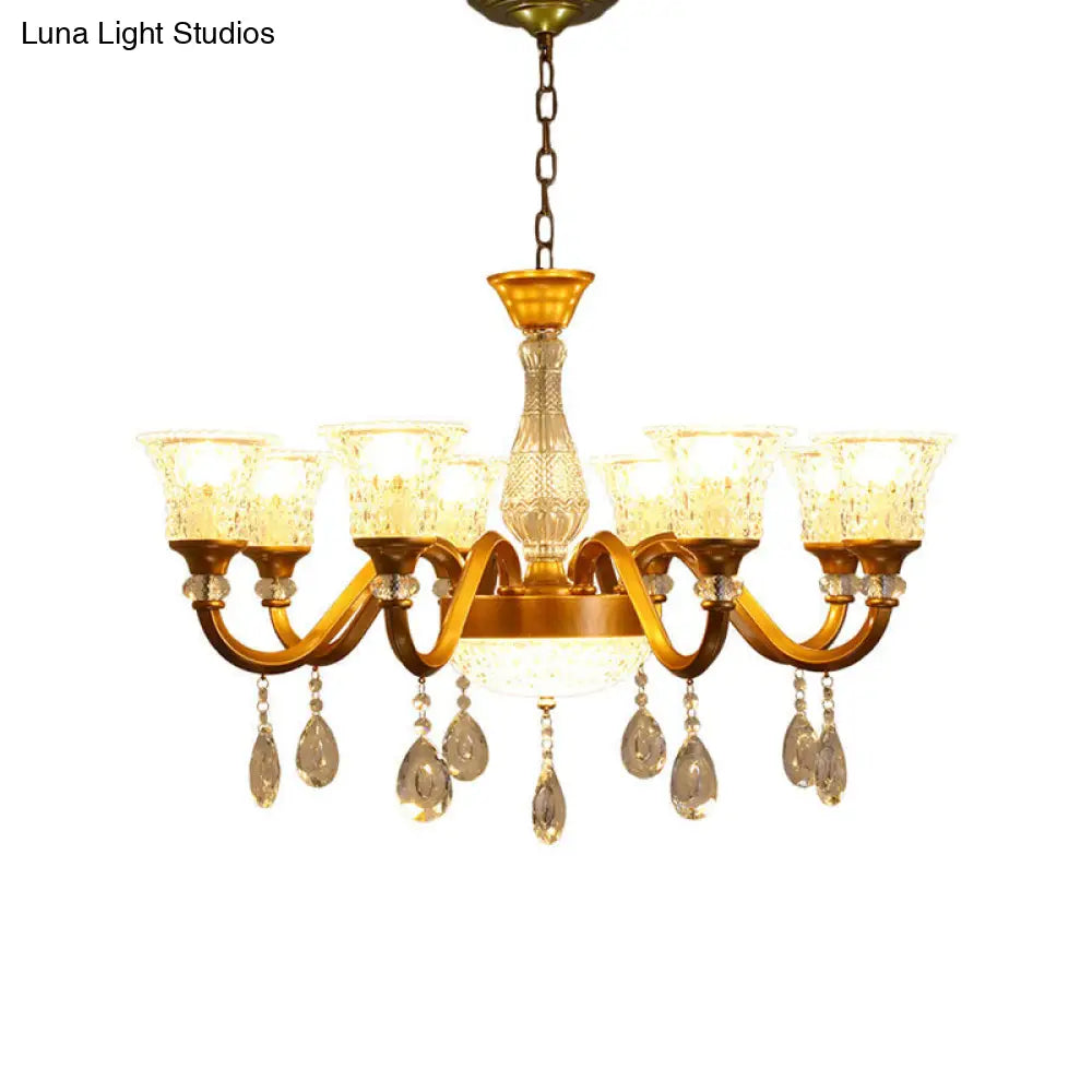 Gold Bell Shaped Chandelier With Clear Crystal Glass Pendant For Parlor - Available In 3 6 Or 8