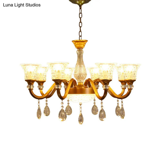 Gold Bell Shaped Chandelier With Clear Crystal Glass Pendant For Parlor - Available In 3 6 Or 8