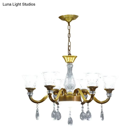 Gold Bell Shaped Chandelier With Clear Crystal Glass Pendant For Parlor - Available In 3 6 Or 8