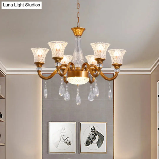 Gold Bell Shaped Chandelier With Clear Crystal Glass Pendant For Parlor - Available In 3 6 Or 8