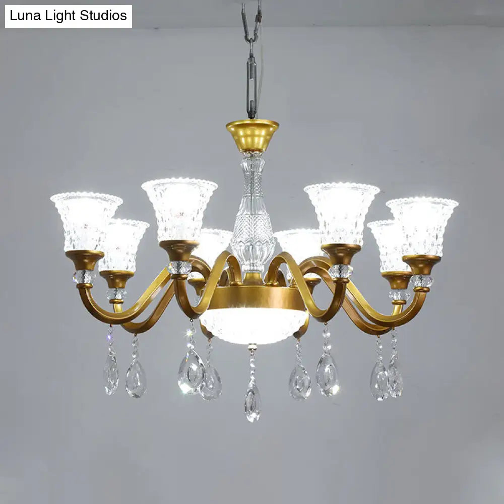 Gold Bell Shaped Chandelier With Clear Crystal Glass Pendant For Parlor - Available In 3 6 Or 8