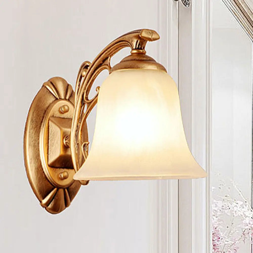 Traditional Gold Bell Wall Sconce With Frosted Glass Shade - 1-Light Metal Light For Living Room