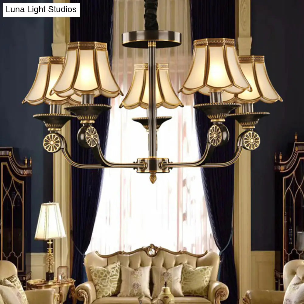 Traditional Gold & Black Flared Chandelier With Frosted Glass For Bedroom Suspension Light