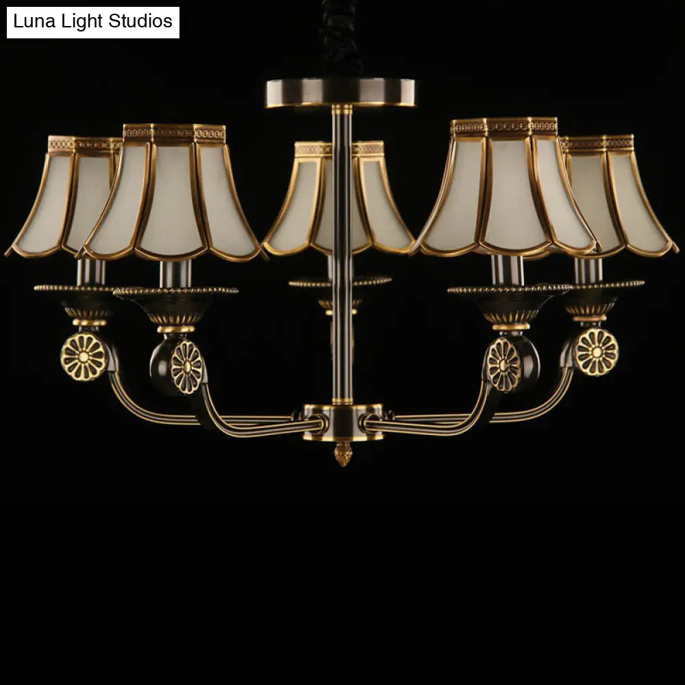 Traditional Gold & Black Flared Chandelier With Frosted Glass For Bedroom Suspension Light