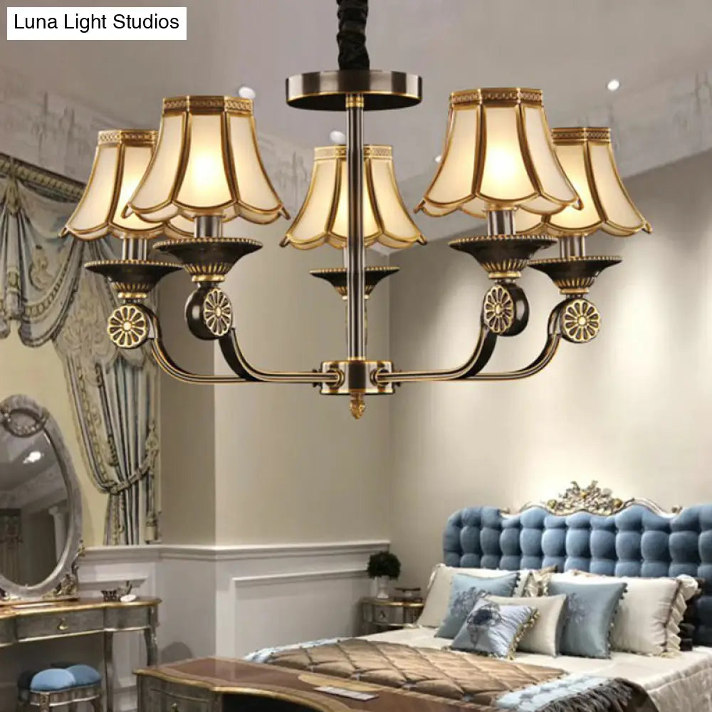 Traditional Gold & Black Flared Chandelier With Frosted Glass For Bedroom Suspension Light