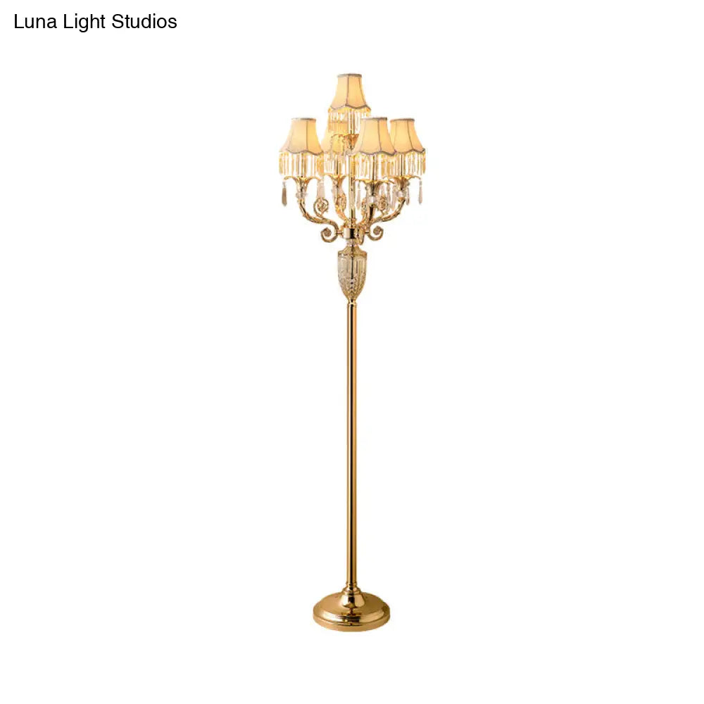 Traditional Gold Candelabra Floor Lamp With 5 Heads Clear Crystal Stand And Flared Shade