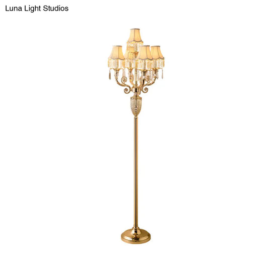 Traditional Gold Candelabra Floor Lamp With 5 Heads Clear Crystal Stand And Flared Shade