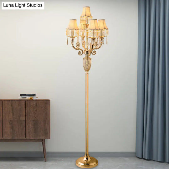 Traditional Gold Candelabra Floor Lamp With 5 Heads Clear Crystal Stand And Flared Shade