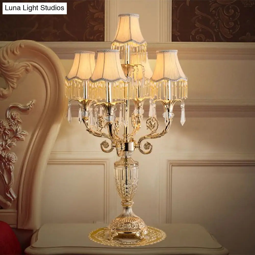 Traditional Gold Candlestick Table Lamp With Crystal Spears And Optional Fabric Bell Shade - Set Of