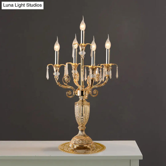 Traditional Gold Candlestick Table Lamp With Crystal Spears And Optional Fabric Bell Shade - Set Of