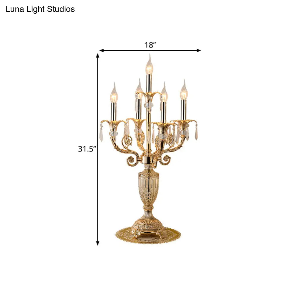 Traditional Gold Candlestick Table Lamp With Crystal Spears And Optional Fabric Bell Shade - Set Of