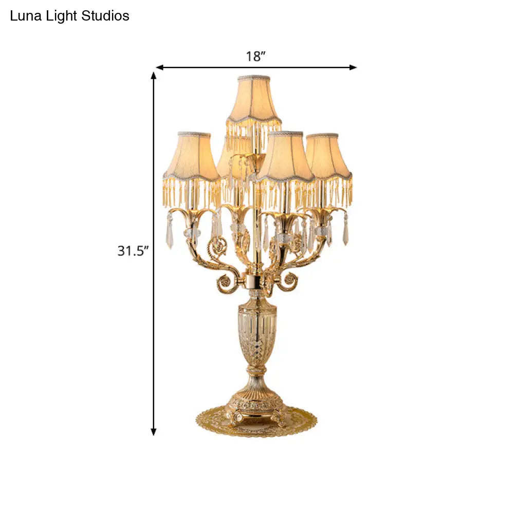 Traditional Gold Candlestick Table Lamp With Crystal Spears And Optional Fabric Bell Shade - Set Of