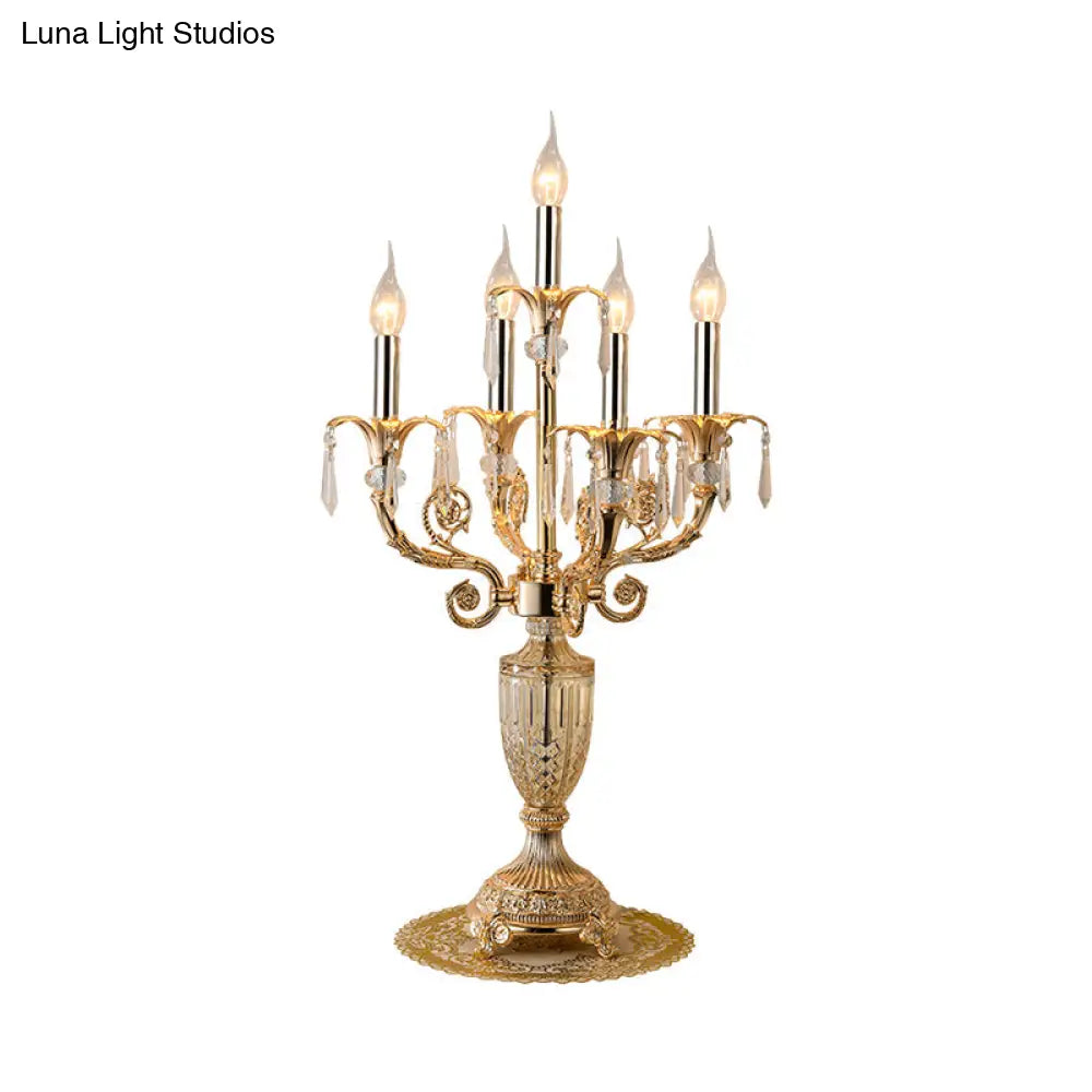 Traditional Gold Candlestick Table Lamp With Crystal Spears And Optional Fabric Bell Shade - Set Of