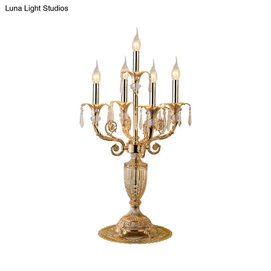 Traditional Gold Candlestick Table Lamp With Crystal Spears And Optional Fabric Bell Shade - Set Of