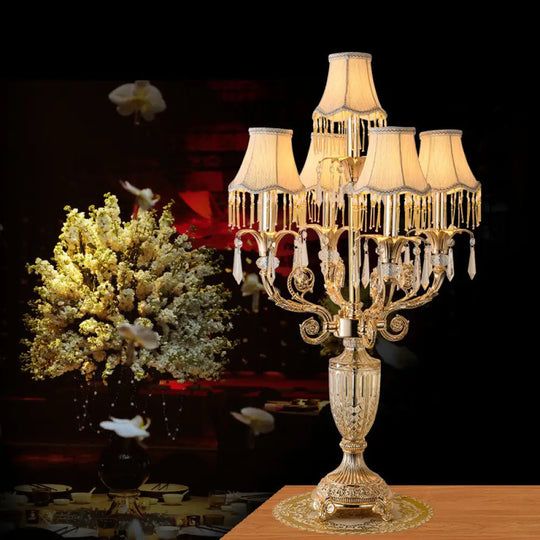 Traditional Gold Candlestick Table Lamp With Crystal Spears And Optional Fabric Bell Shade - Set Of