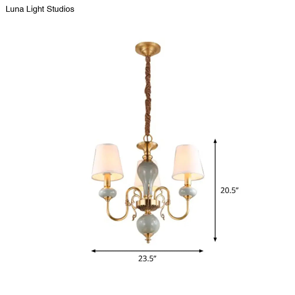 Traditional Gold Chandelier With 3 Tapered Fabric Shades - Ideal For Dining Room Ceiling Light