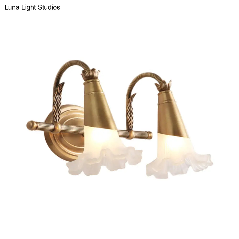 Traditional Gold Cone Vanity Lighting - White Glass 1/2/3-Head Bathroom Wall Lamp With Lettuce Trim