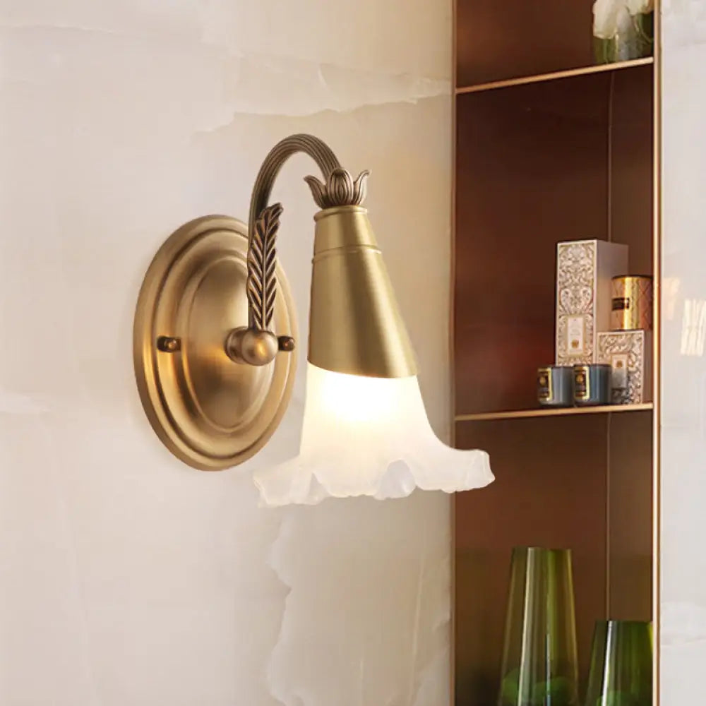 Traditional Gold Cone Vanity Lighting - White Glass 1/2/3-Head Bathroom Wall Lamp With Lettuce Trim