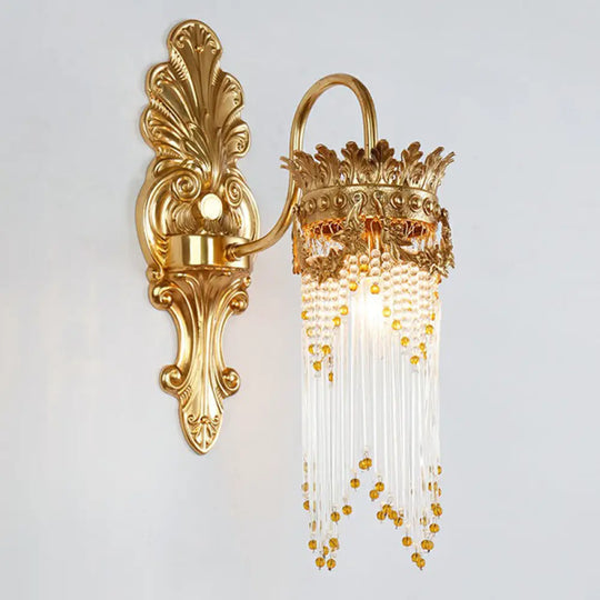 Traditional Gold Crown Wall Sconce With Crystal Fringe Stylish Metal Living Room Lamp 1 /