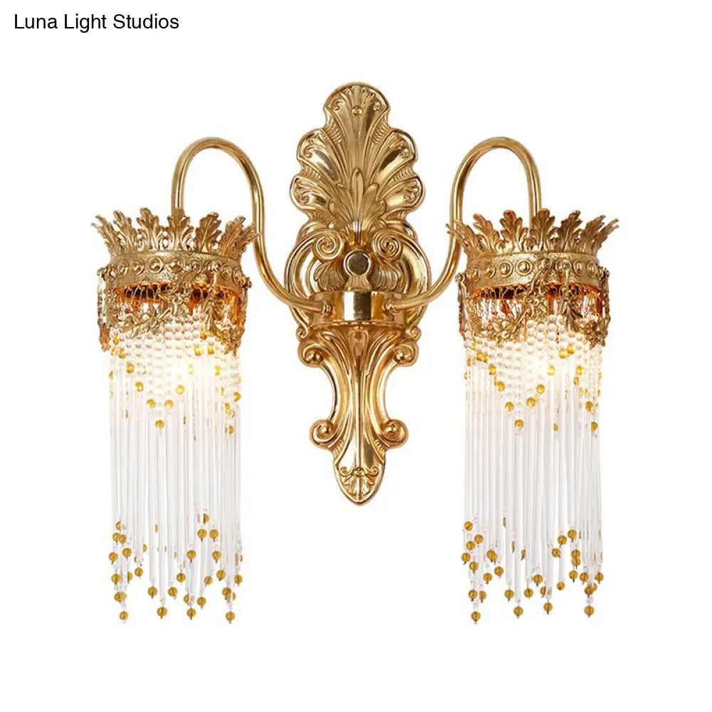 Traditional Gold Crown Wall Sconce With Crystal Fringe Stylish Metal Living Room Lamp